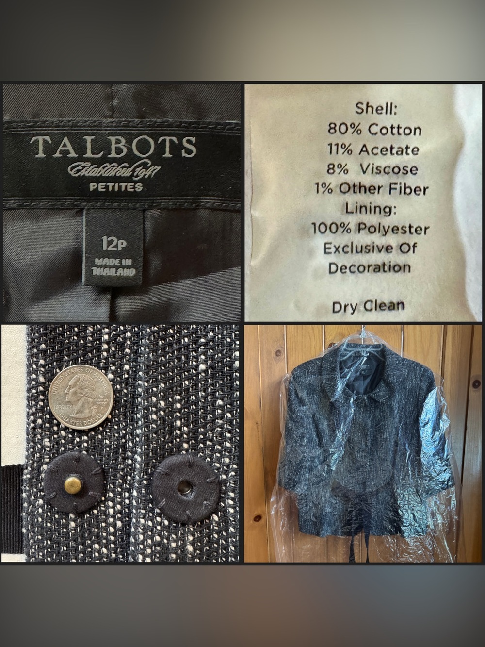 Talbots Black White Tweed Cropped Jacket 3/4 Sleeves Lined Tie Belt (12P) - Picture 6 of 17
